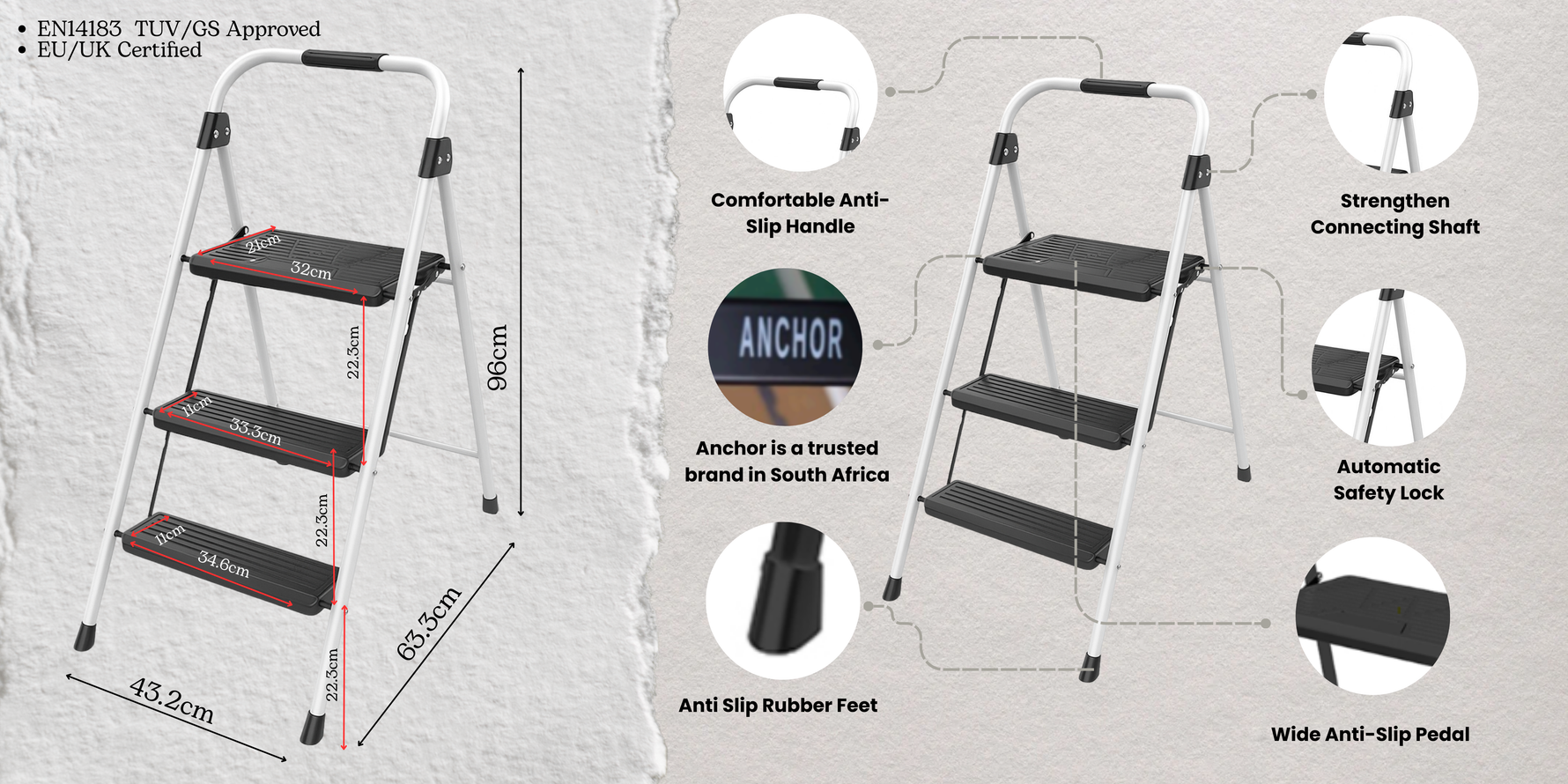 Anchor Lightweight Folding 3 Step Portable Ladder -Wide Anti-Slip Pedal Greenlane Gear