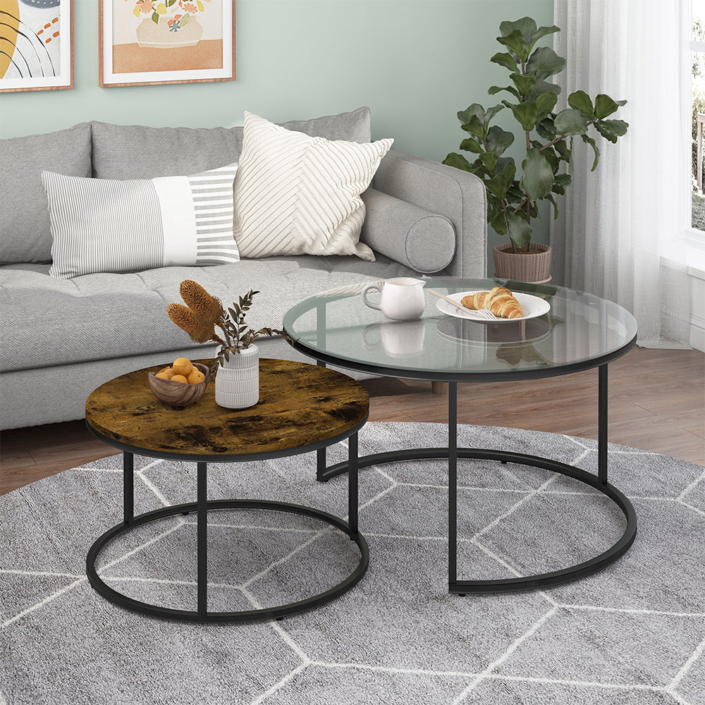 Anchor Set of 2 Round Tempered Glass & MDF Nesting Centre Side Coffee Table Greenlane Gear