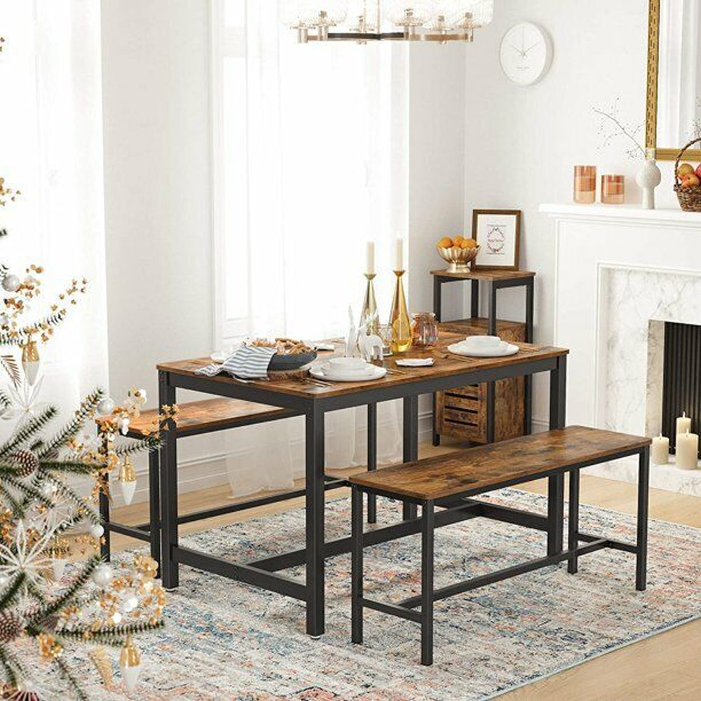 Anchor Rustic Brown Indoor Dinner Dining Table & 2 Benches Black Metal Leg Greenlane Gear
