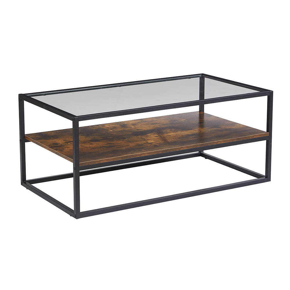 Anchor Home Office Coffee Table with Glass Table Top & Shelve; Rustic Brown Greenlane Gear