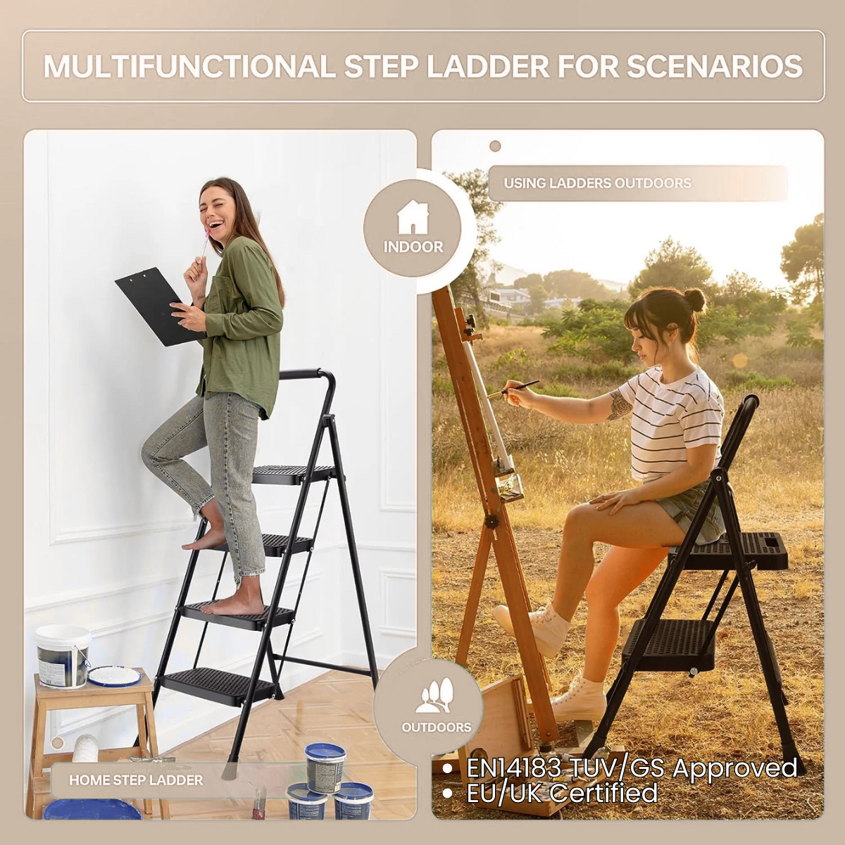Anchor 4-Step Folding Wide Anti-Slip Steel Ladder - Black Greenlane Gear