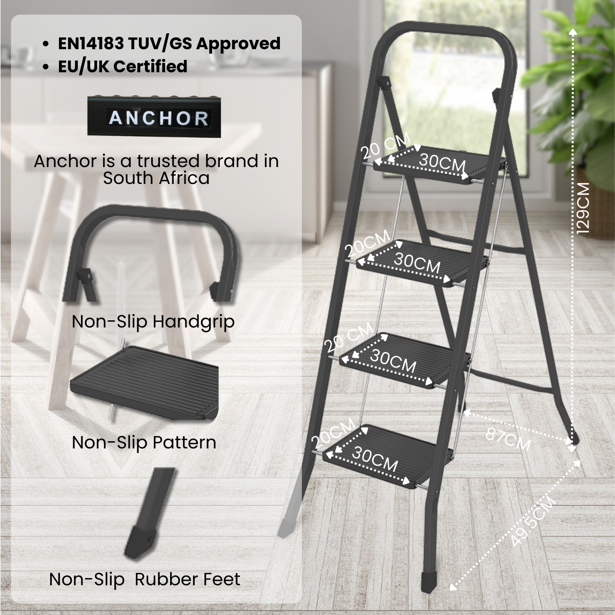 Anchor 4-Step Folding Wide Anti-Slip Steel Ladder - Black Greenlane Gear