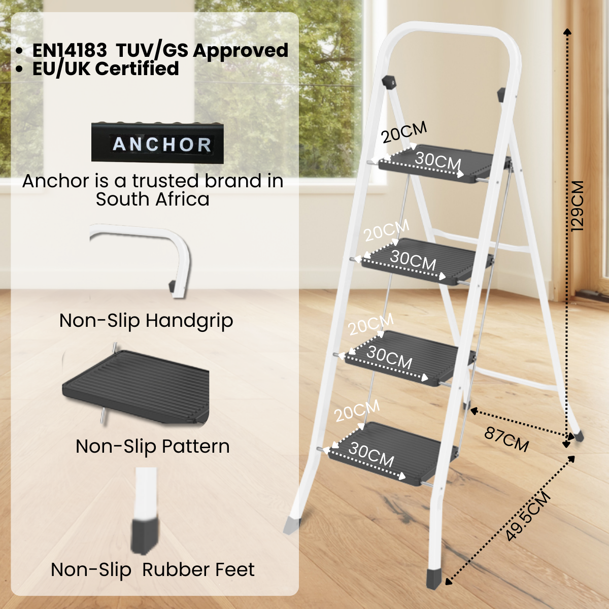 Anchor 4-Step Folding Wide Anti-Slip Steel Ladder - White Greenlane Gear