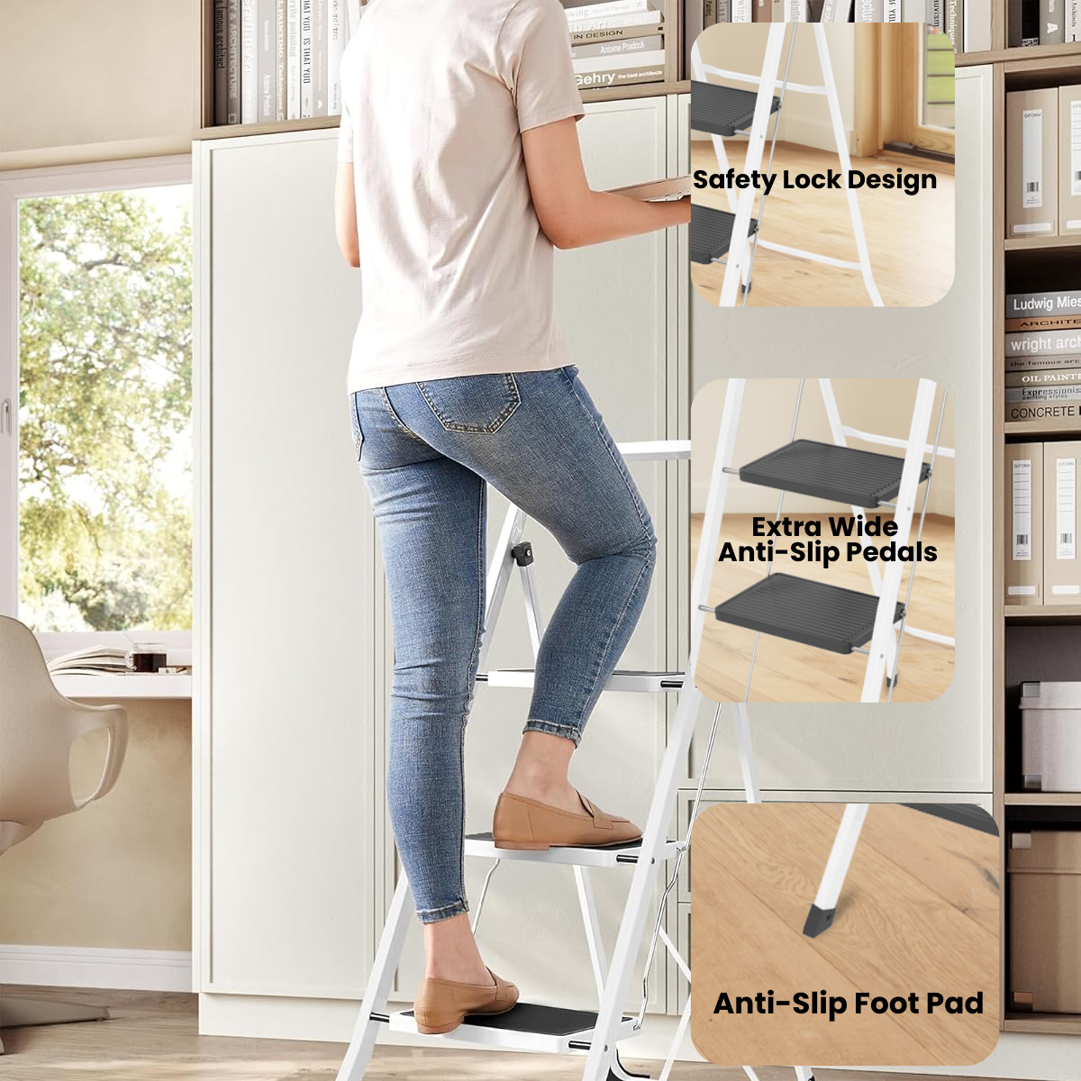 Anchor 4-Step Folding Wide Anti-Slip Steel Ladder - White Greenlane Gear